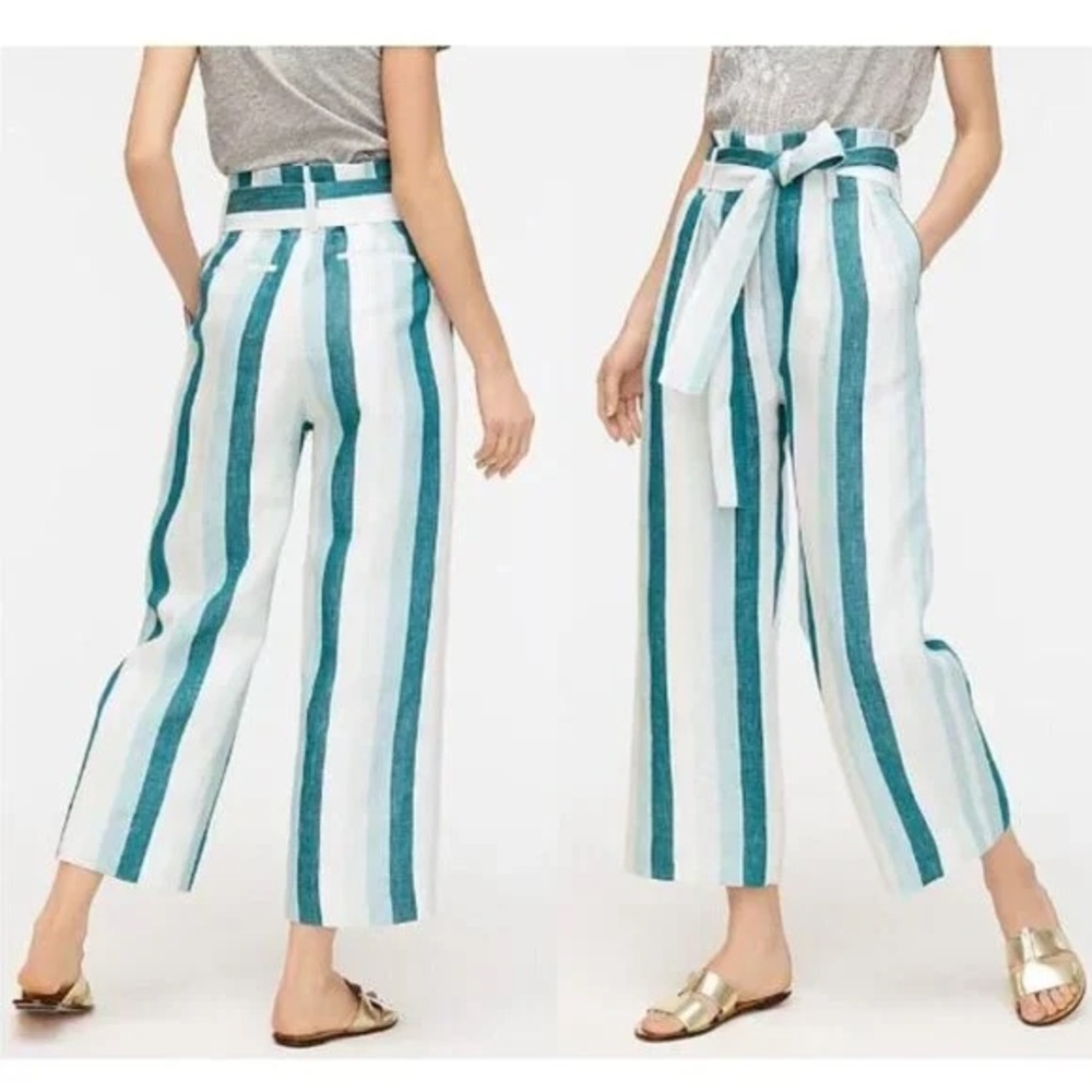 J. CREW Paper-bag linen pant in cabana stripe Turquoise Jade White Womens Size 8 - Picture 9 of 9